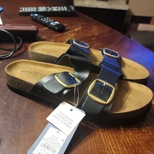 Black Sandals with Gold Buckles